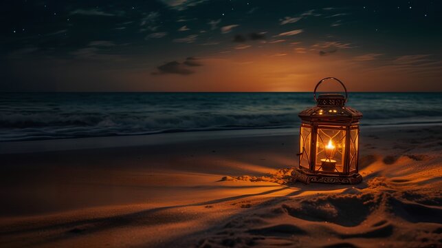 Lantern on the Beach at Night, Image Ai Generated