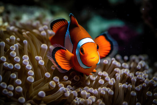 Clownfish swims above the animons on the ocean floor. Generative AI.