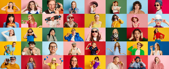 Collage made of portraits of people of different age and gender showing diversity of emotions over multicolored background. Concept of human emotions, youth, lifestyle, facial expression. Ad - obrazy, fototapety, plakaty