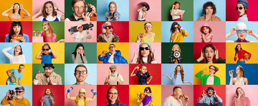 Collage made of portraits of people of different age and gender showing diversity of emotions over multicolored background. Concept of human emotions, youth, lifestyle, facial expression. Ad