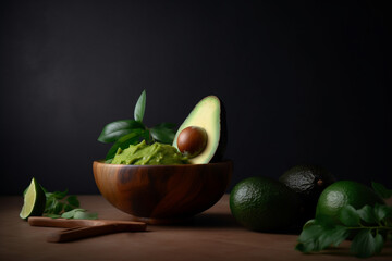 guacamole avocado and lime behind minimalism on a green background, generativ ai