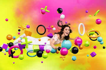 Web poster collage of excited amazed young lady have travel flight on math symbol through virtual reality