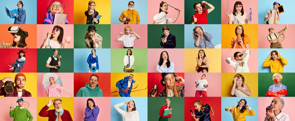Collage made of portraits of different young people, men and women posing with various gadgets against multicolored background. Concept of human emotions, youth, lifestyle, facial expression. Ad