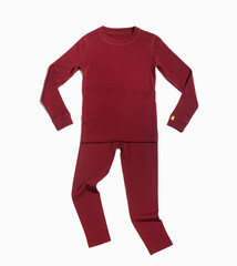Children's warm knitted suit of burgundy color isolated on white background, pullover and leggings