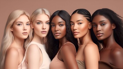 A diverse group of beautiful women with natural beauty and glowing smooth skin. Portrait of many attractive female fashion models with great skincare of all races, tones and style, Generative AI - 600734542