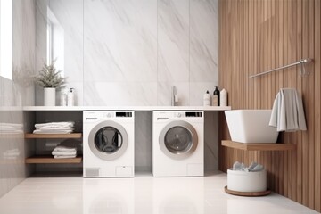  laundry room with hardwood counters and built-in washer. mockup. Generative AI
