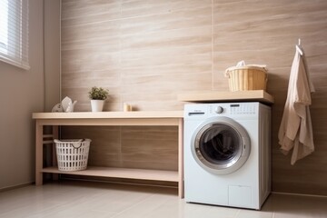  laundry room with hardwood counters and built-in washer. mockup. Generative AI - obrazy, fototapety, plakaty