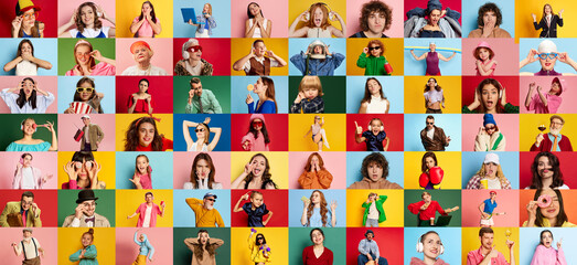 Collage made of portraits of different adults and kids, men and women showing diversity of emotions, posing over multicolor background. Human emotions, youth, lifestyle, facial expression concept. Ad