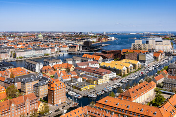Aerial view over central Copenhagen, Denmark.