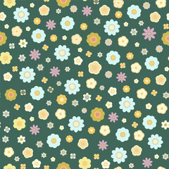 A seamless floral pattern, various cute daisies on a green background, flower power retro background, a bloomy pattern in 60s hippy style
