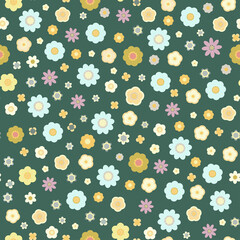 A seamless floral pattern, various cute daisies on a green background, flower power retro background, a bloomy pattern in 60s hippy style