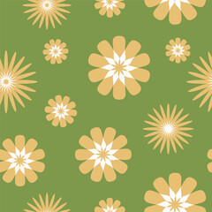Fototapeta na wymiar A seamless floral pattern in retro style, yellow daisies on a green background, 70s style floral wallpaper