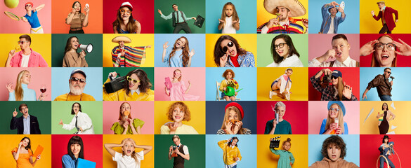 Collage made of portraits of beautiful young people, kids posing with diversity of emotions, having...