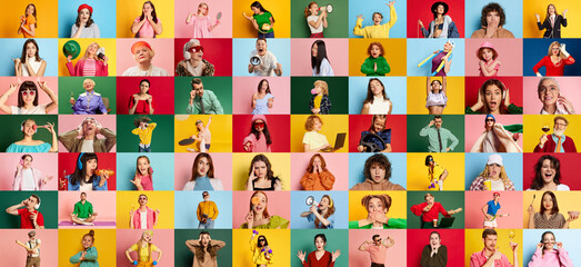 Collage made of portraits of diverse people, men and women showing happiness and shock, posing over multicolor background. Concept of human emotions, youth, lifestyle, facial expression. Ad