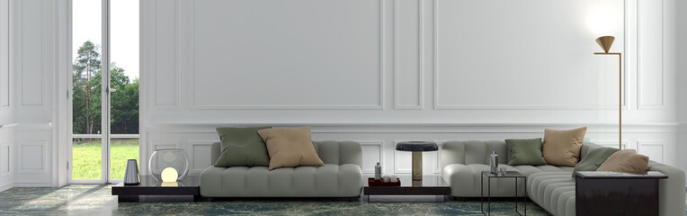 Large luxury modern bright interiors Living room mockup illustration 3D rendering computer digitally generated image