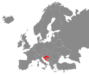 Map of Croatia highligted with red in Europe map