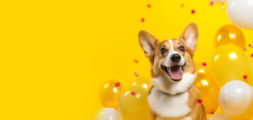 Fototapeta na wymiar Cheerful corgi dog with balloons on a festive yellow background. Banner, postcard, copy space. AI generation
