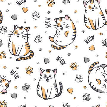 seamless pattern with cats. Cartoon cats on white background. Funny pet hand-drawn illustration in doodle style. Vector