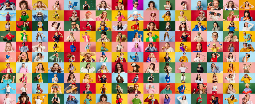 Collage made of portraits of diverse people of different age and gender, adults and kids posing over multicolored background. Concept of human emotions, youth, lifestyle, facial expression. Ad