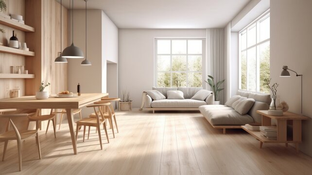 Minimalistic living room interior made of eco-friendly materials, light walls, wood, large bright space Generative AI