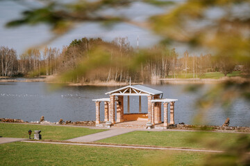 park by the lake with a gazebo