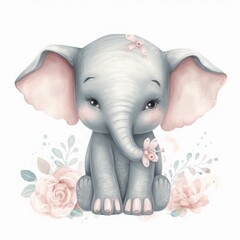 Illustrated cute baby elephant with flower for nursery room. Generative AI