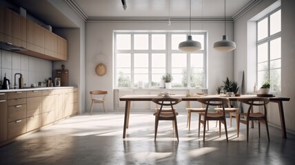 Large bright living room with a kitchen, marble elements, a large number of chairs, large windows, a view of the garden from the windows. Generative AI
