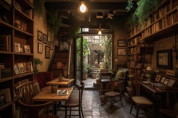 Fototapeta na wymiar Aesthetic library cafe with a bohemian style, generative ai