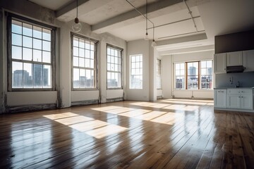 Empty urban apartment with wooden parquet floor, generative ai