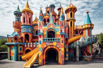 Impressive colorful playground with castle and slide, generative ai