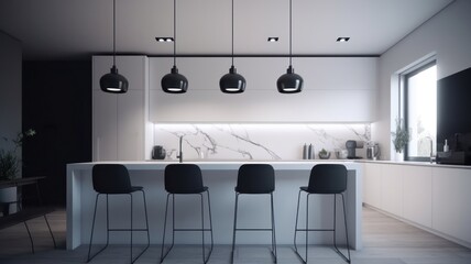 Large modern kitchen in marble and dark wood Generative AI