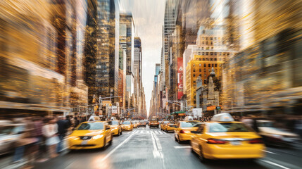Fototapeta na wymiar Blurred New York City cityscape, full of cars and yellow taxis. Generative AI