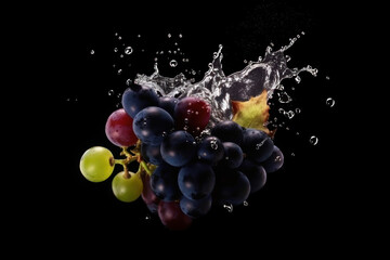 Ripe grapes and splashes of water on a black background. AI generative.