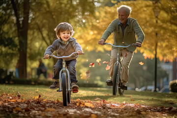 A young boy learning to ride a bike with his father in a park, Generative AI