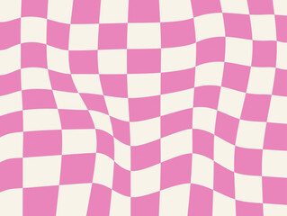Pink checkered colorful background.  Groovy wavy psychedelic checkerboard. Vector pattern.
