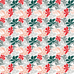 Leaves flowers abstract shapes seamless pattern vector. Geometric floral backdrop. Hand drawn illustration. Botanical wallpaper, background, fabric, textile, print, wrapping paper, package design.
