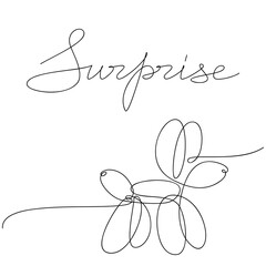 Greeting card slogan Surprise, handwritten lettering, quote poster vector. Air ballon dog silhouette line continuous drawing. Modern calligraphy, text design element, print, banner, logo