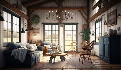 Cozy farmhouse living room interior. Generative AI.