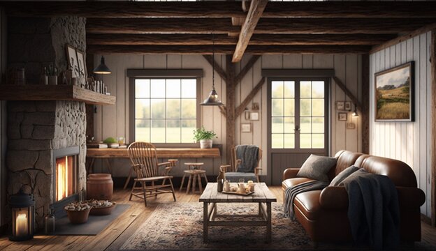Cozy farmhouse living room interior. Generative AI.