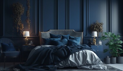 Home mockup, cozy dark blue bedroom interior background. Generative AI.