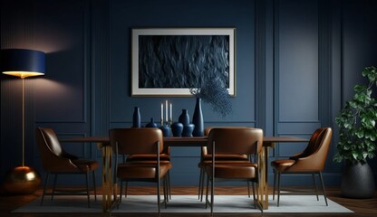 Home mockup, modern dark blue dining room interior with brown leather chairs, wooden table and decor. Generative AI.
