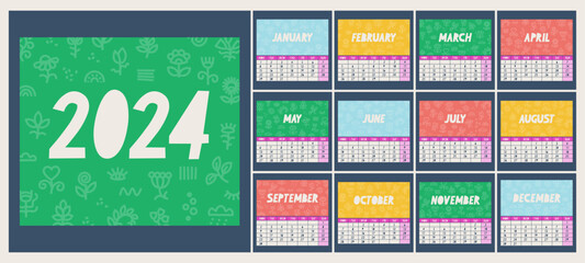 Calendar for 2024. The week starts on Monday. Cover of each month with floral flat print.