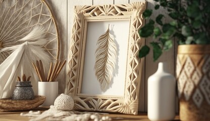 Mock up frame close up in home interior background, Boho style. Generative AI.