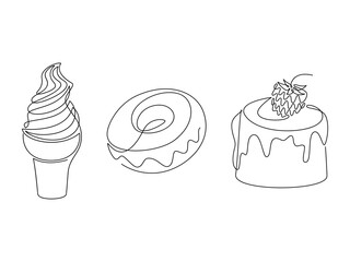 Ice cream cone, doughnut, cake with strawberry vector line continuous drawing illustration. Hand drawn linear dessert icon set. Minimal design element, banner, card, poster, brochure, logo, symbol.