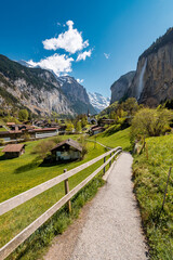 view of Lauterbrunnen on a beautiful sunny spring day in the Bernese Alps