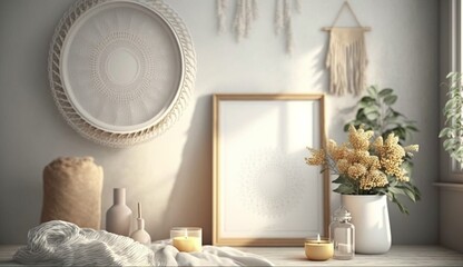 Mockup frame in interior background, room in light pastel colors, Scandi-Boho style. Generative AI.