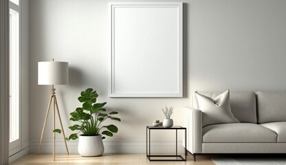 Poster frame mock-up in modern living room, furnished home interior background. Generative AI.