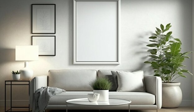 Poster frame mock-up in modern living room, furnished home interior background. Generative AI.