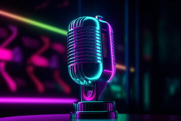 Fototapeta na wymiar Retro professional microphone in neon futuristic style. AI generated. Generative AI