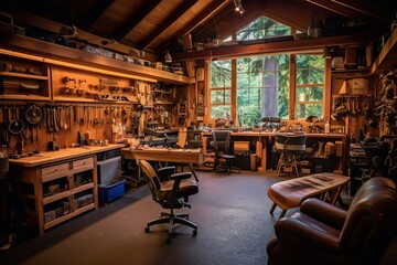 interior of a cozy woodworking workshop. essence of craftsmanship, tradition, and passion for woodworking. Generative AI - obrazy, fototapety, plakaty